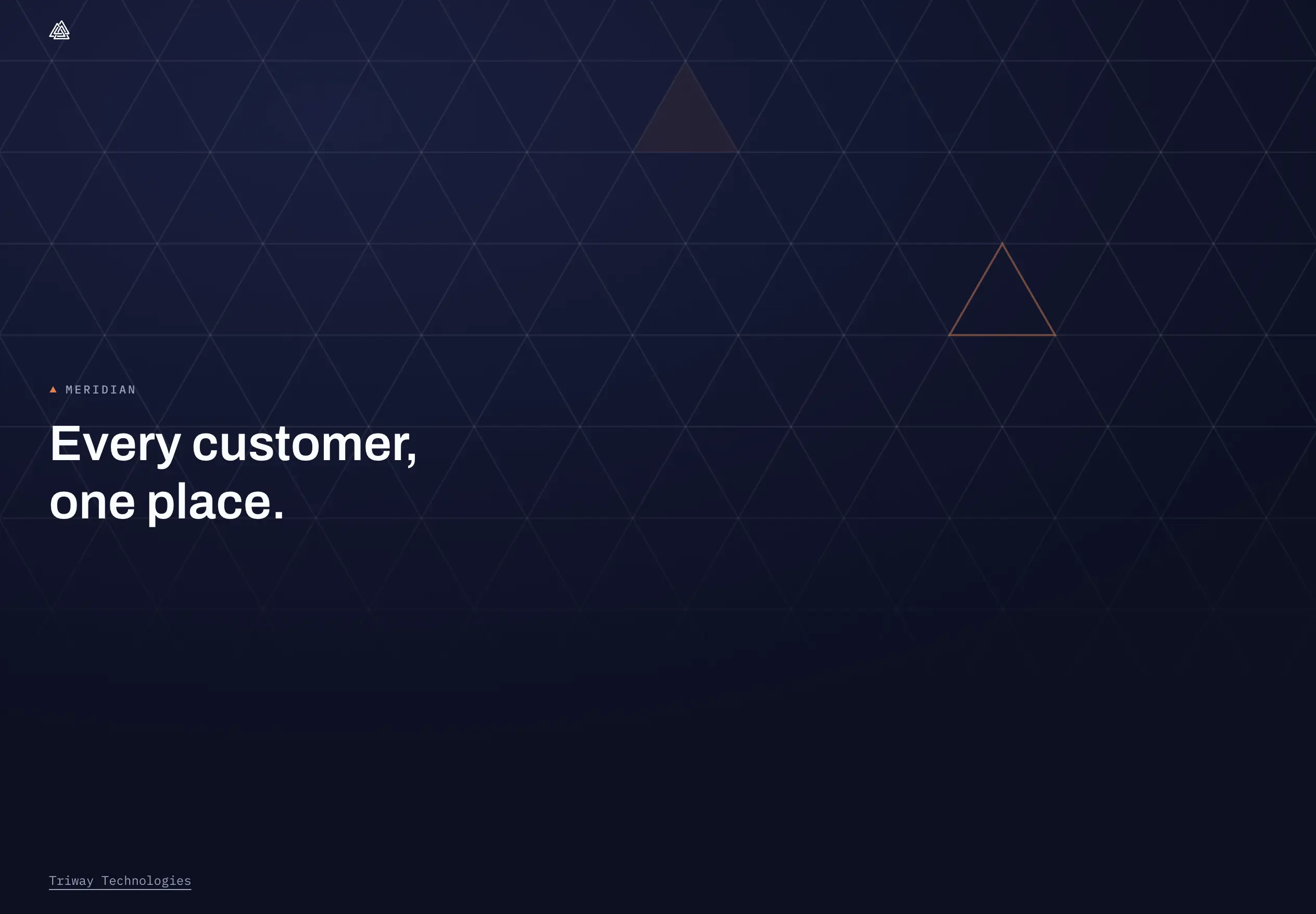 The Meridian sign-in screen: a navy field of interlocking triangles with the headline 'Every customer, one place.'