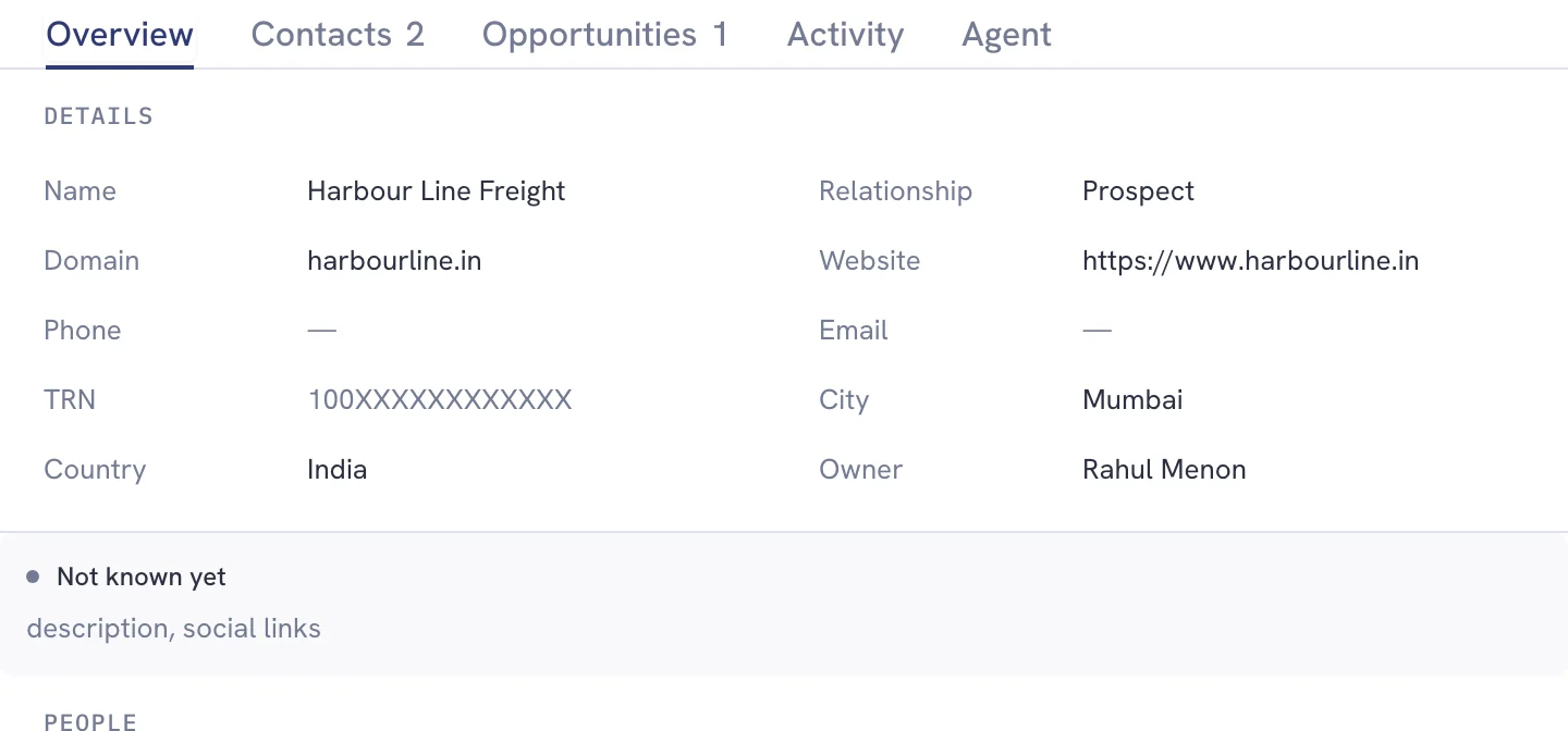 Before research: the Triway CRM demo company record with its existing relationship and domain details.