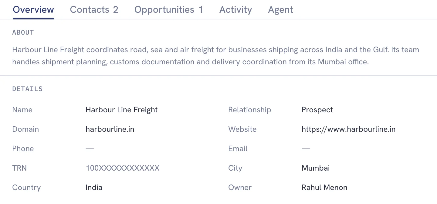 After research: the actual Triway CRM record displays an illustrative freight company background above its details.